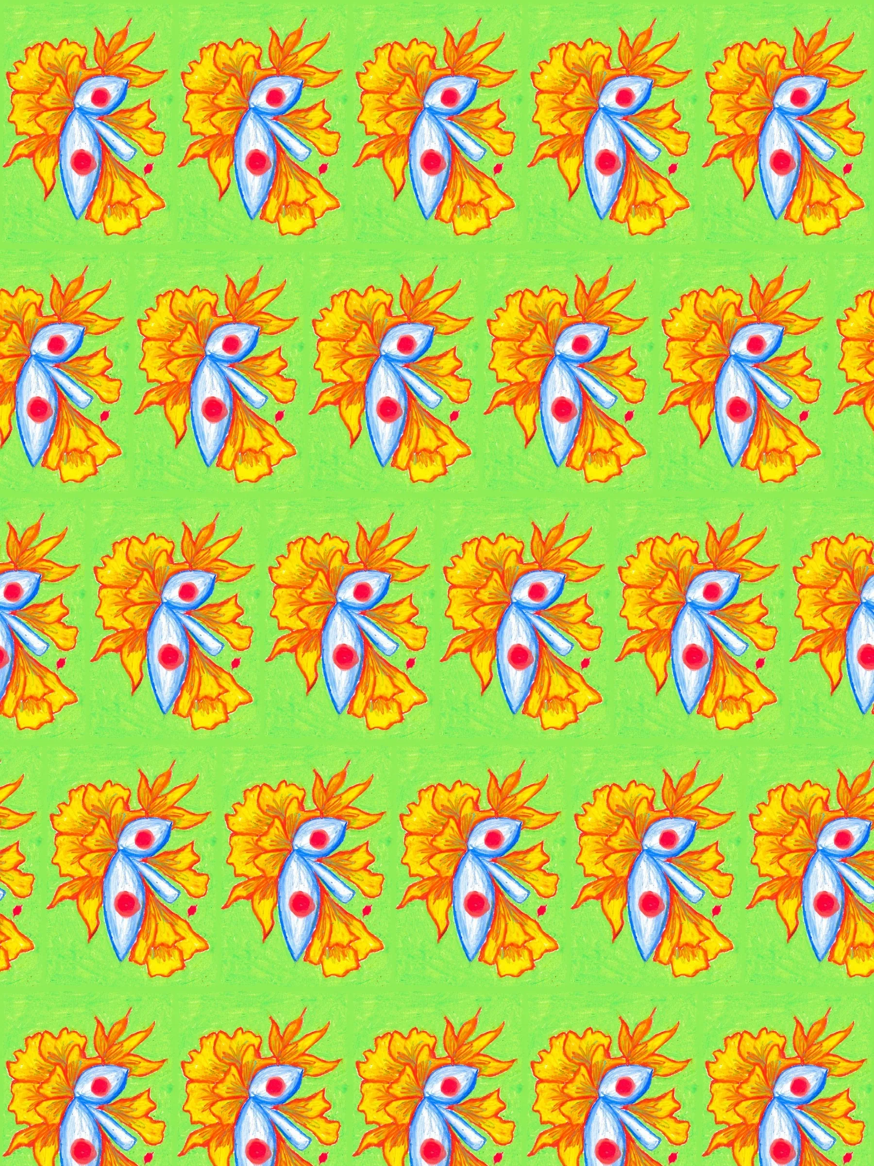 Half-brick repeat — cobalt florals on saffron