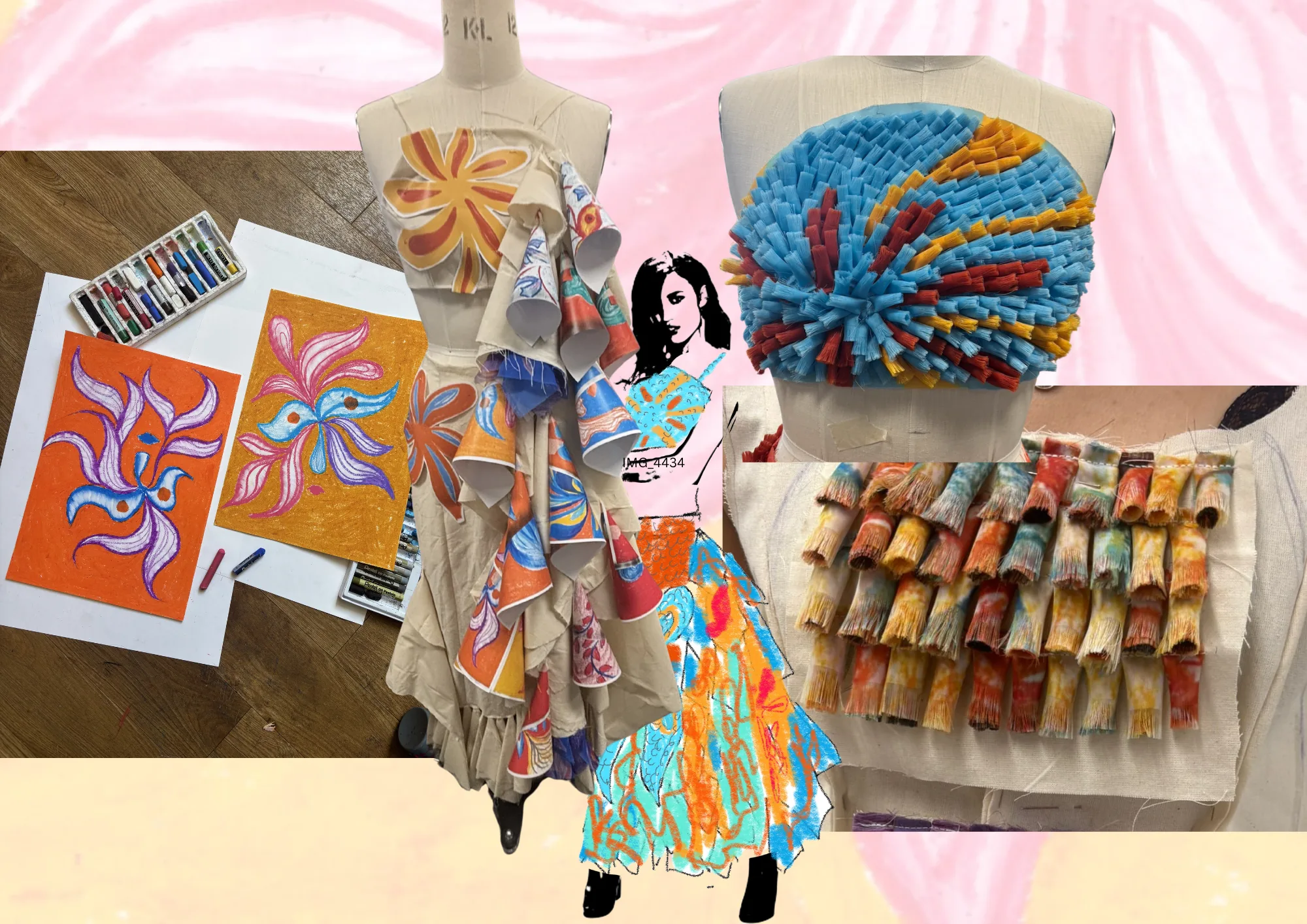 Tasselled bodice with ruffle skirt, pastel studies, swatches