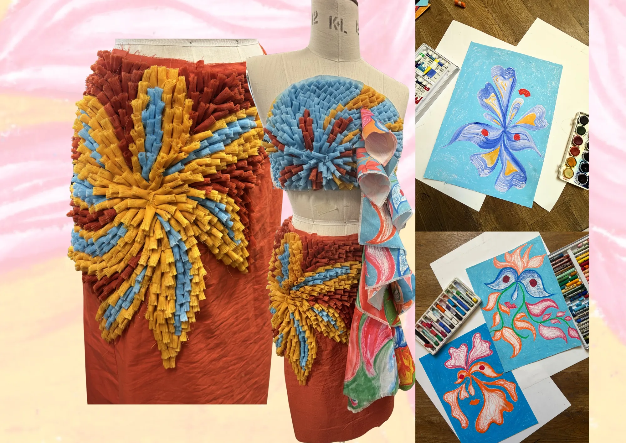 Tasselled skirt detail with two-piece bodice and floral pastel studies