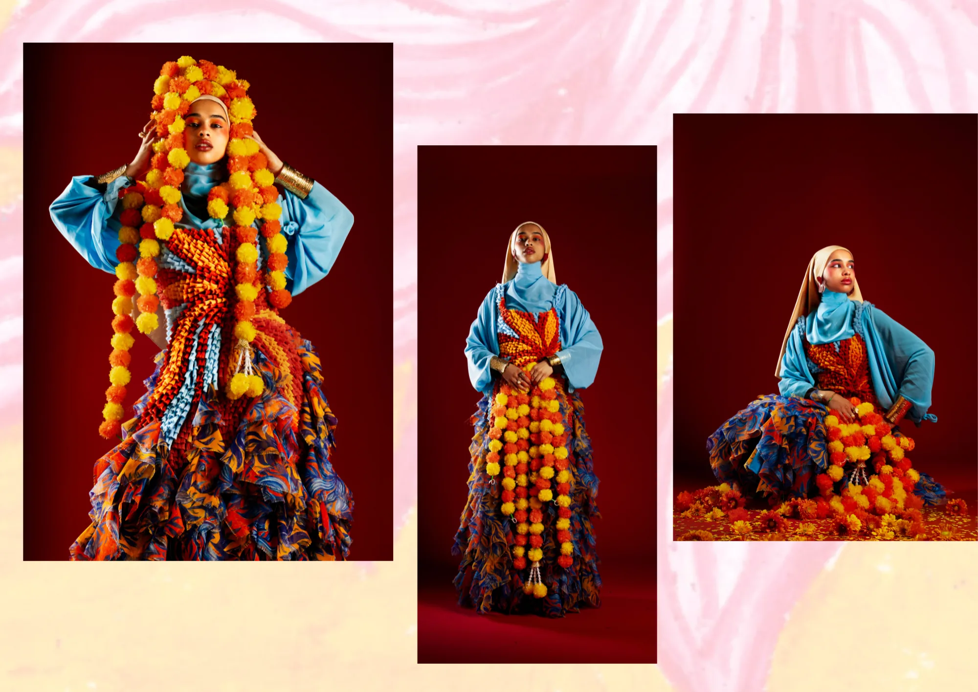 Triptych of the final FMP look — full, mid, seated