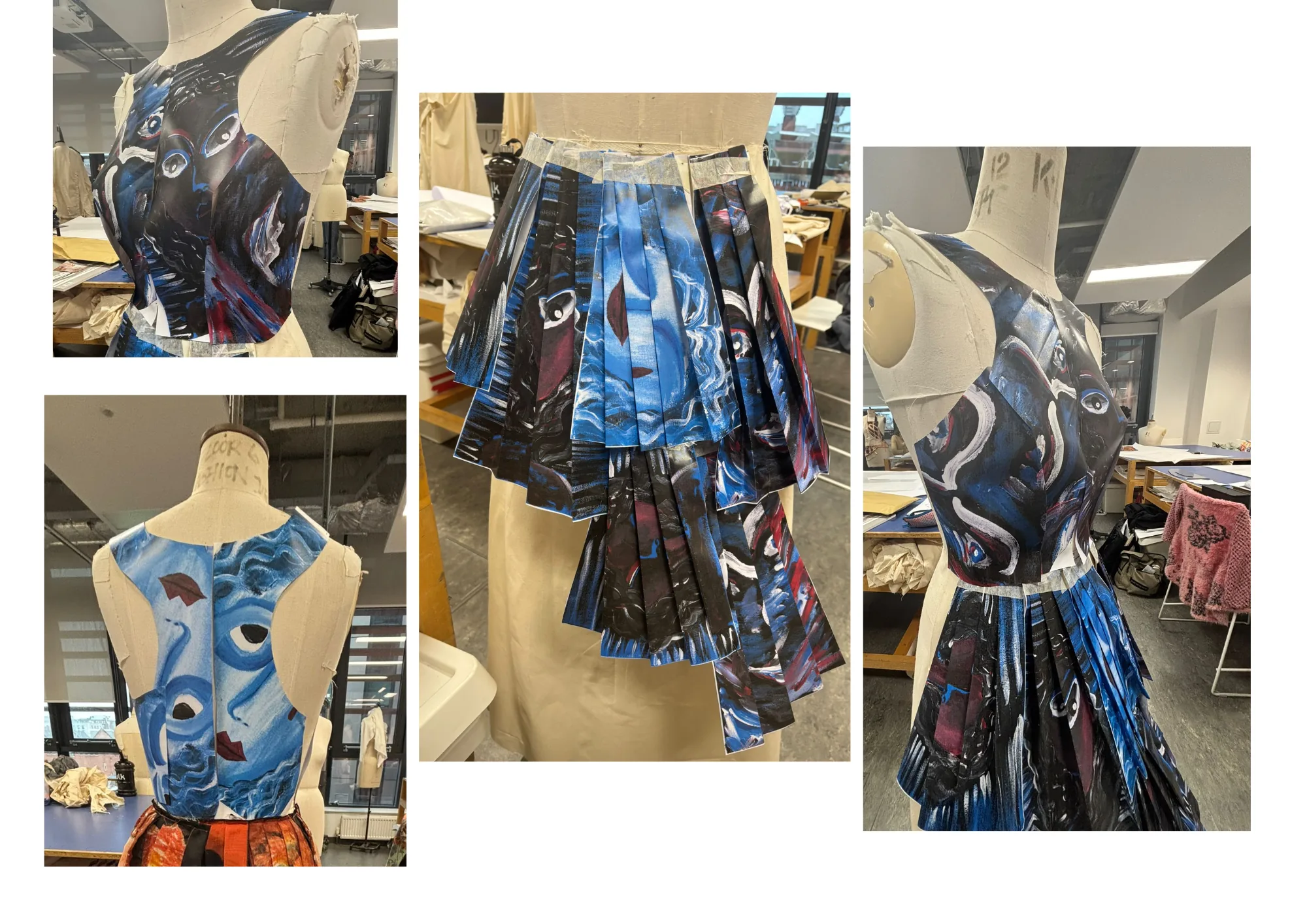 Blue painted pleated bodice and skirt on mannequin, multiple angles
