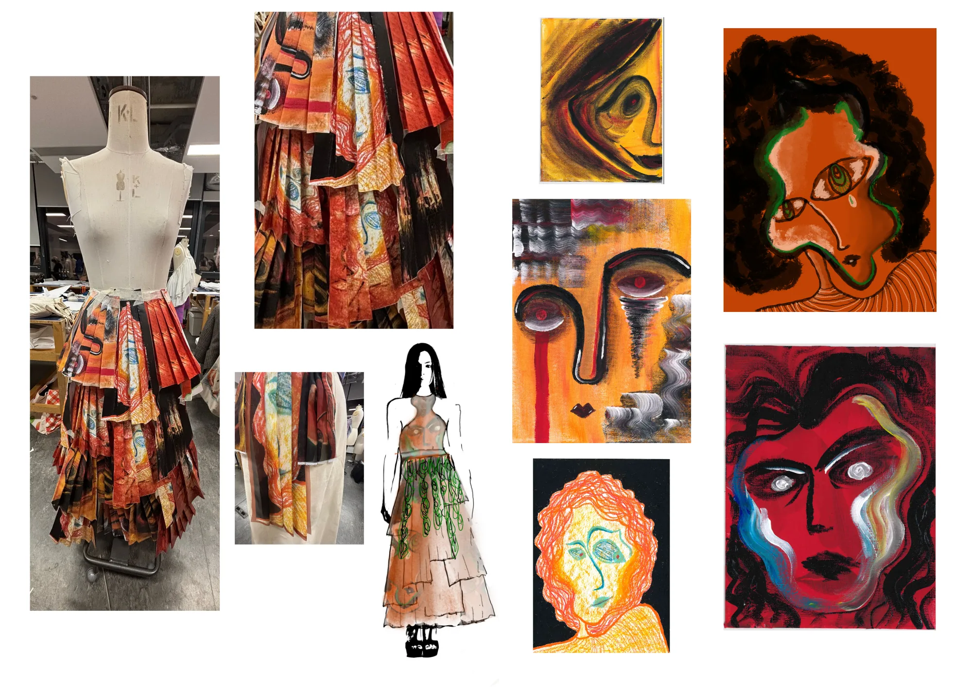 Orange printed pleated skirt on stand with supporting face studies