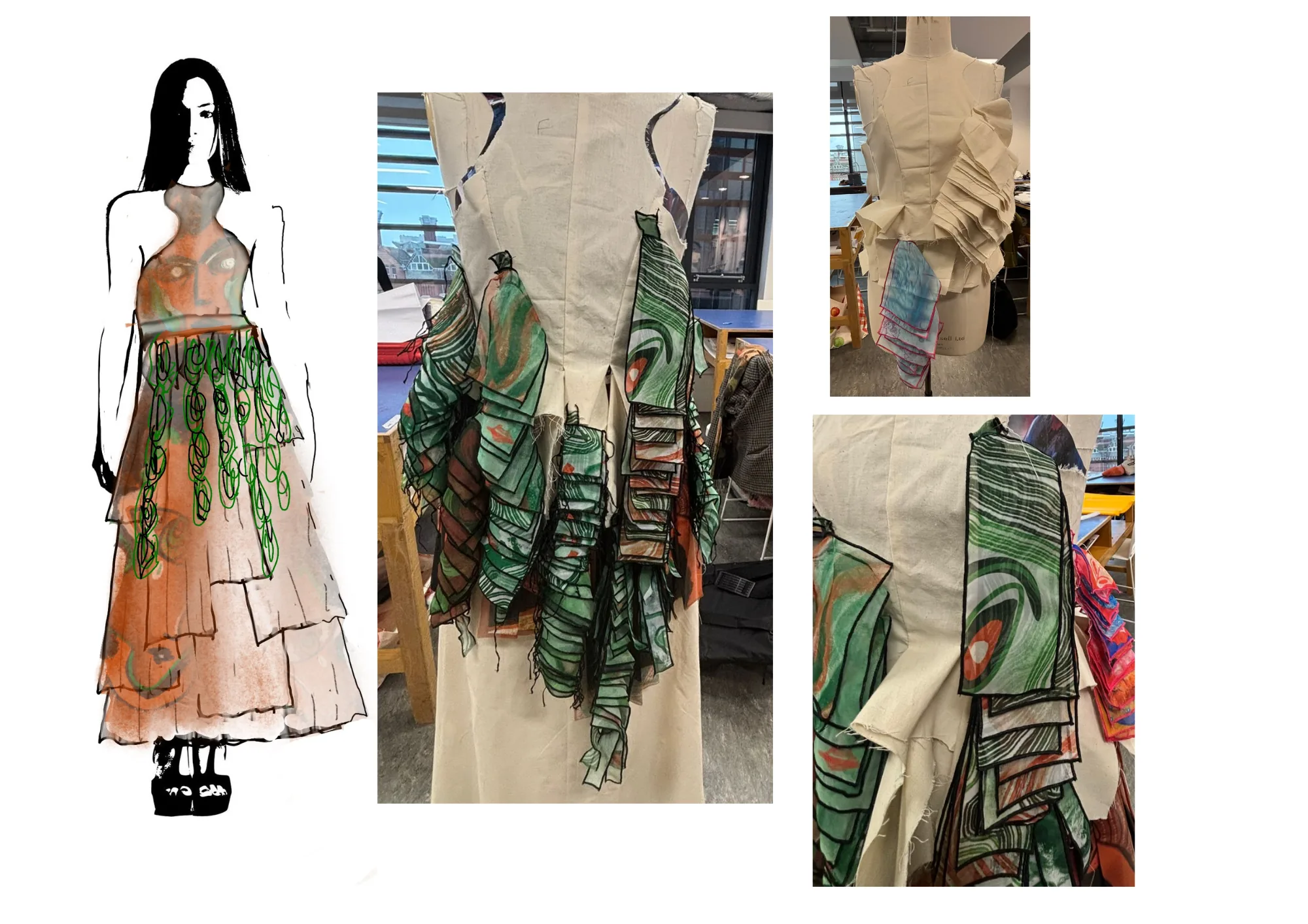 Line-up sketch beside mannequin details of green printed ruffle