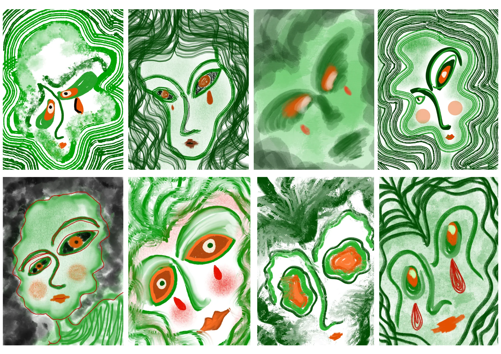 Eight green-toned face study paintings arranged in a grid