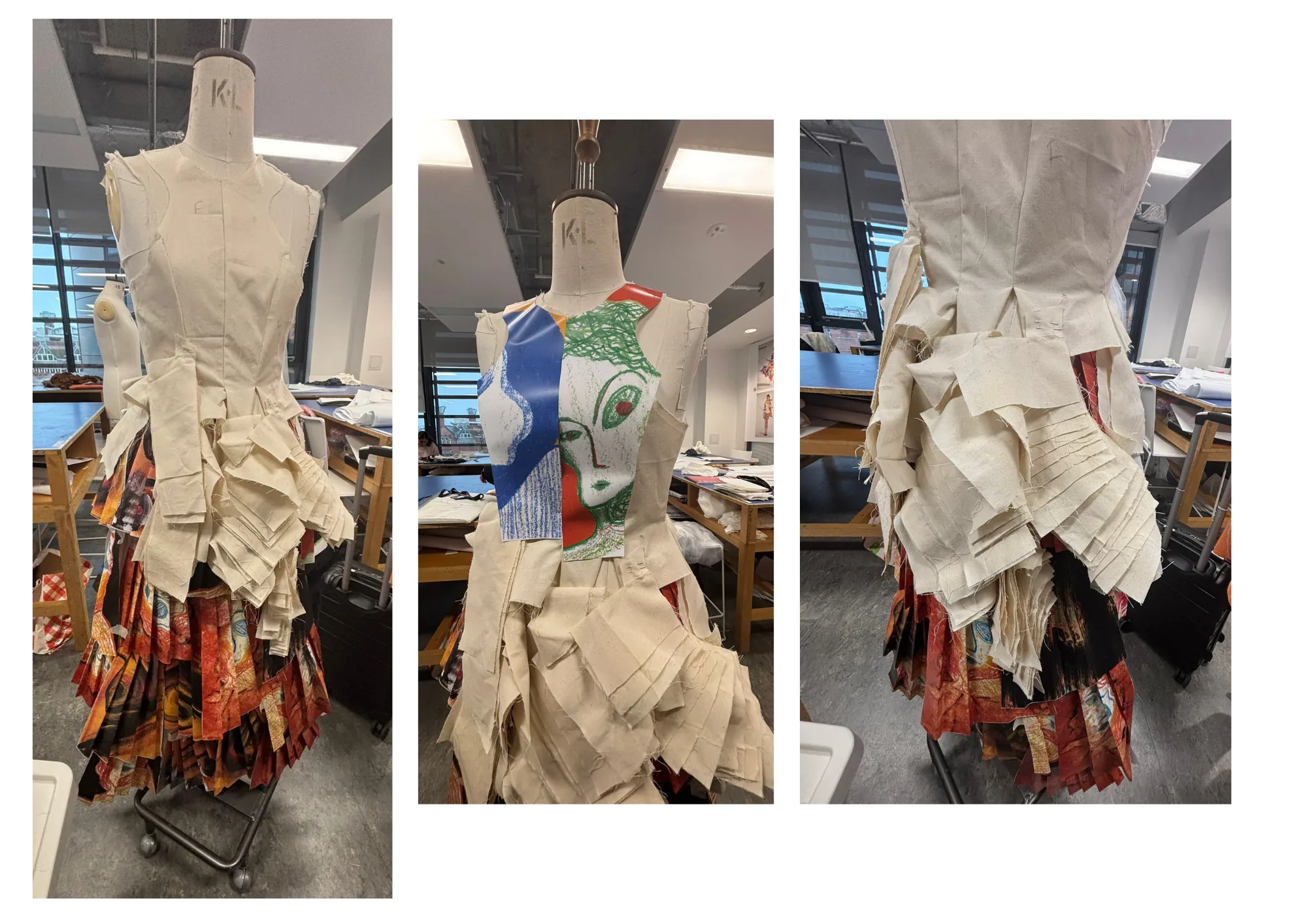White calico ruffled overskirt layered over printed base, three angles