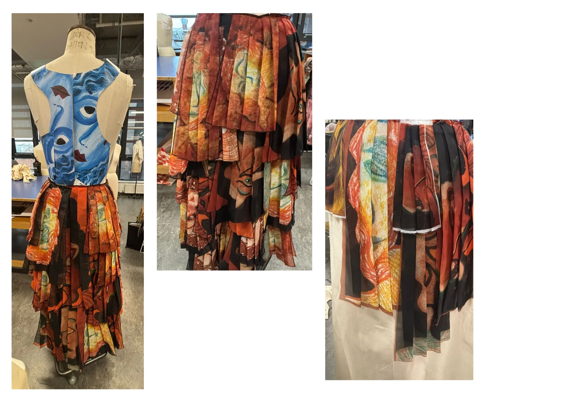 Studio shots of the printed pleated dress on a mannequin