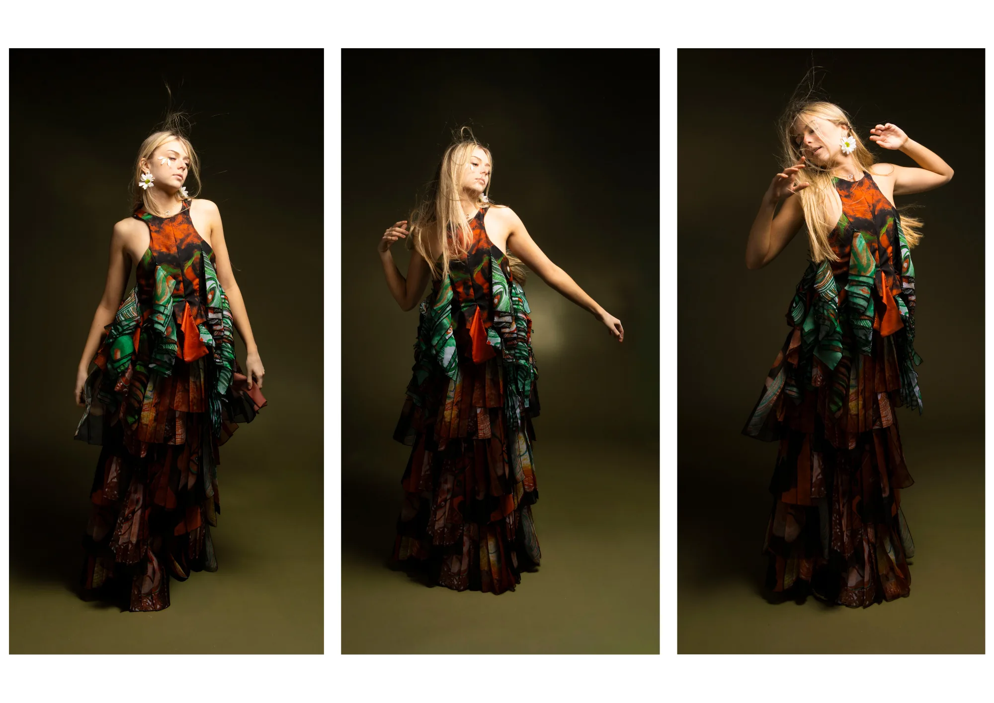 Triptych of the printed tiered gown in motion